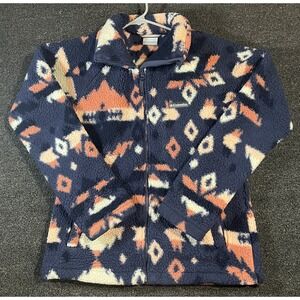 Columbia Womens Navy Blue Southwestern Geometric Sherpa Fleece Zip Jacket Small